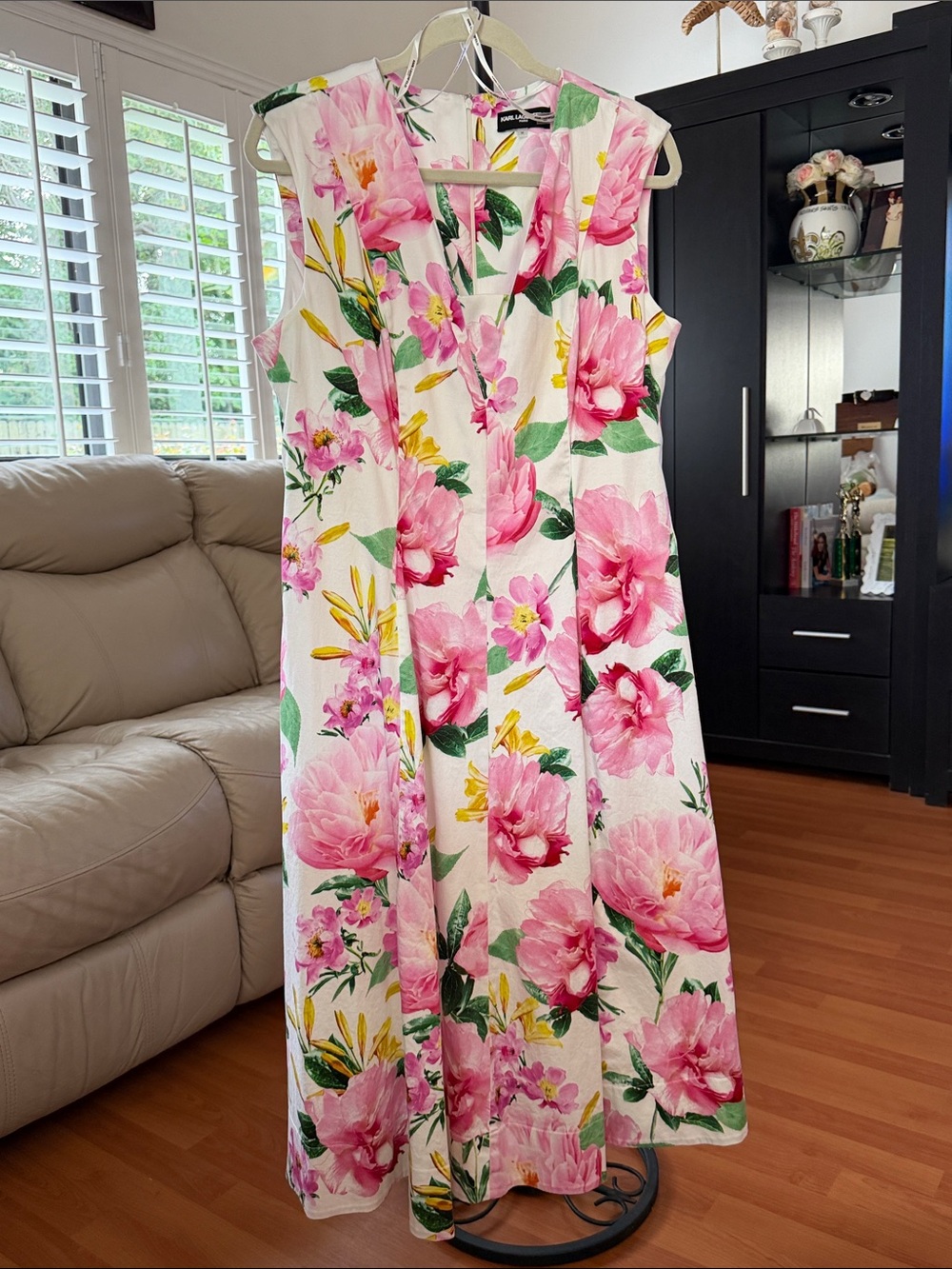 Karl Lagerfeld Pink and White Floral Dress with Green Accents
